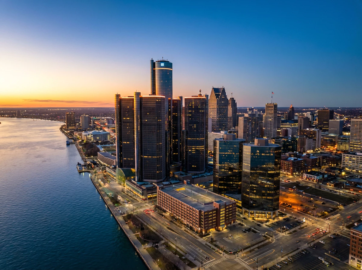 Detroit skyline along the river at dusk