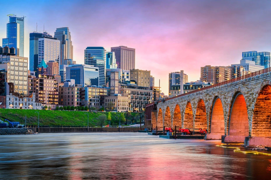 Minneapolis skyline near the Stone Arch Bridge